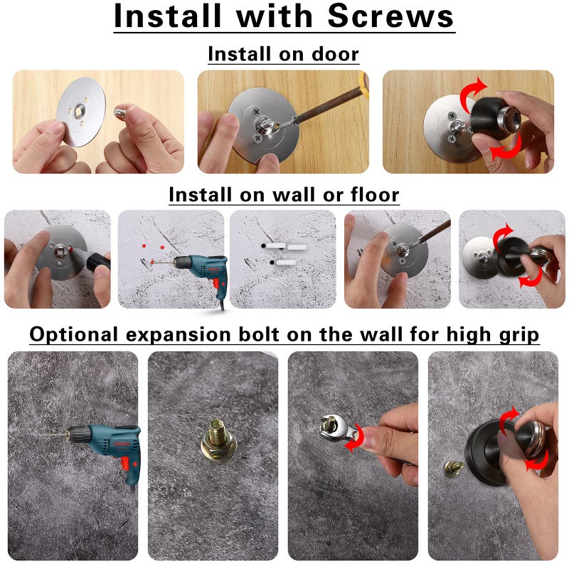 Sumnacon Magnetic Door Stopper, Heavy Duty Stainless Steel Door Stop Holder Come with 4 Pcs 3M Double-Sided Adhesive Tape & Hardware Screws,Install with Adhesive Tape Or Screws On Floor Wall (Black) - Image 5